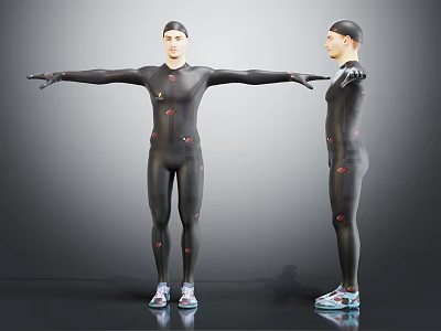 Men In Black Tight Fitting Suits Stretching Arms Front And Side View 3d model