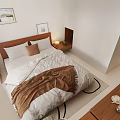 Cozy Bedroom Interior With Wooden Blinds Desk Laptop Table Lamp White Chair And Orange Blanket