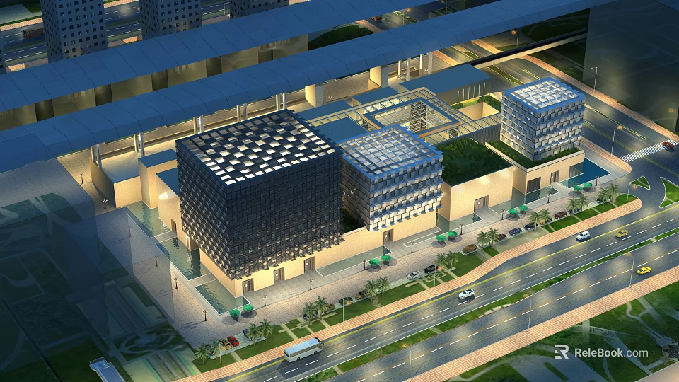Modern Museum Building With Glass Curtain Wall And Square Structure In Urban Setting 3d model 