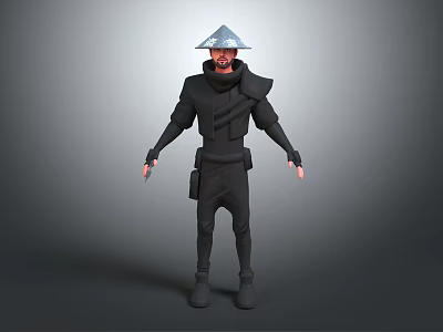Game Movie Character With Black Outfit And Conical Hat Ninja Style Design 3d model