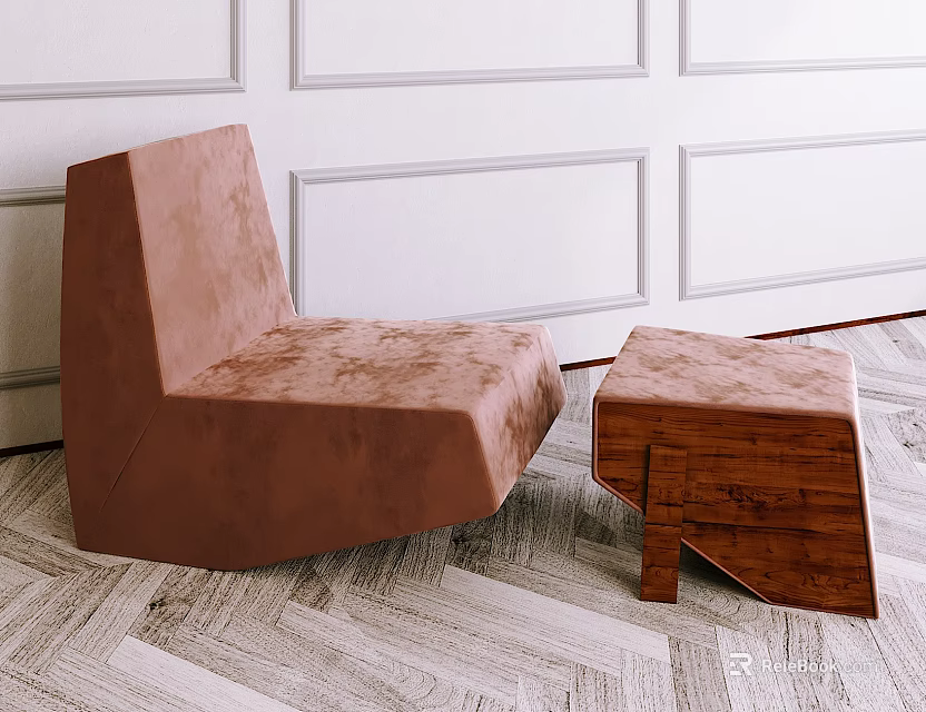 Brown Velvet Single Seater Sofa With Wooden Ottoman Against White Paneled Wall 3d model 