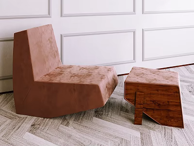 Brown Velvet Single Seater Sofa With Wooden Ottoman Against White Paneled Wall 3d model