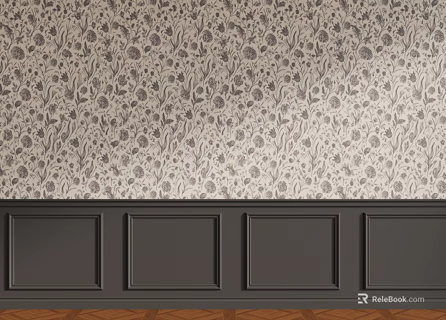Elegant Feature Wall With Patterned Wallpaper Dark Wainscoting And Wooden Flooring 3d model 