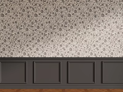 Elegant Feature Wall With Patterned Wallpaper Dark Wainscoting And Wooden Flooring 3d model