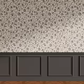 Elegant Feature Wall With Patterned Wallpaper Dark Wainscoting And Wooden Flooring