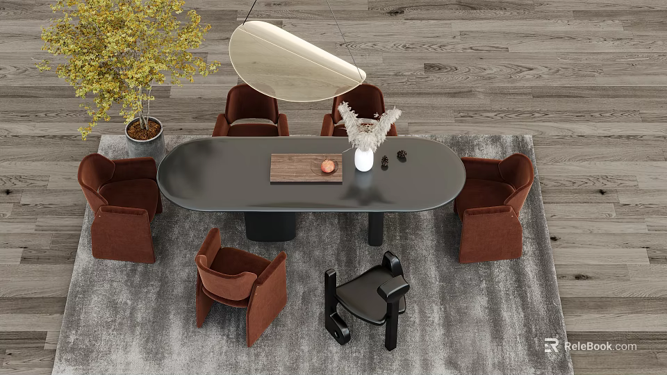 Modern Oval Dining Table Set With Brown Black Chairs Rug Plant And Pendant Light 3d model 