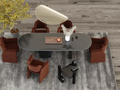 Modern Oval Dining Table Set With Brown Black Chairs Rug Plant And Pendant Light 3d model
