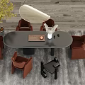 Modern Oval Dining Table Set With Brown Black Chairs Rug Plant And Pendant Light