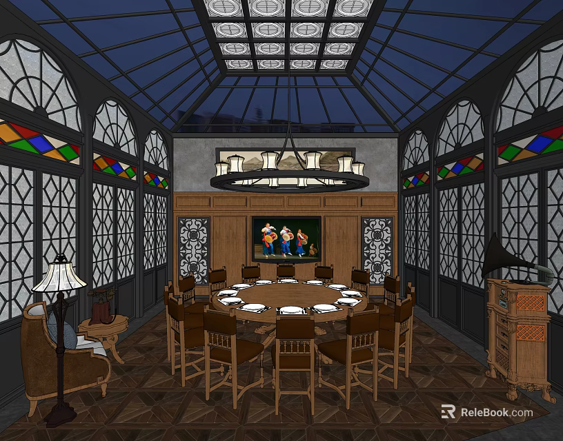 Elegant Private Dining Room Interior With Stained Glass Windows Wooden Walls Round Table And Chandelier 3d model 