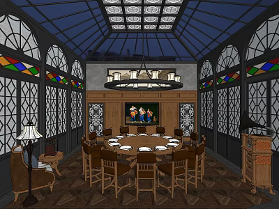 Elegant Private Dining Room Interior With Stained Glass Windows Wooden Walls Round Table And Chandelier 3d model