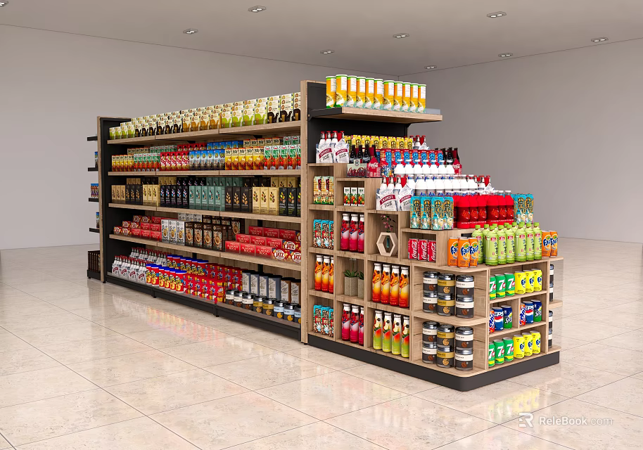 Retail Display Shelves Stocked With Various Beverages And Snacks In Store 3d model 