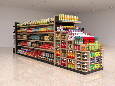 Retail Display Shelves Stocked With Various Beverages And Snacks In Store 3d model