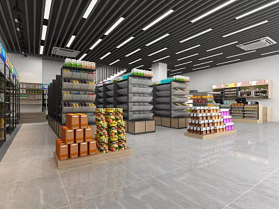 Supermarket General Merchandise Interior With Neatly Arranged Shelves And Various Products 3d model