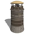 Wooden Observation Tower With Stone Base And Circular Pavilion Top Structure