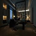 Elegant Hotel Guest Room With Circular Wall Decor Bed Table Lamps And City View Window