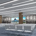 Modern Conference Room With White Chairs Large Screen And Wooden Pillars