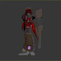 Red Robot Character With Mechanical Wings Brown Legs And Purple Details