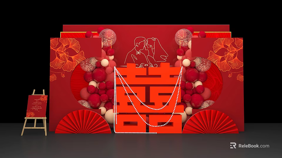 Traditional Chinese Wedding Decor With Red Background Double Happiness Symbol Couple Silhouette Balloons And Fans 3d model 