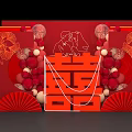 Traditional Chinese Wedding Decor With Red Background Double Happiness Symbol Couple Silhouette Balloons And Fans