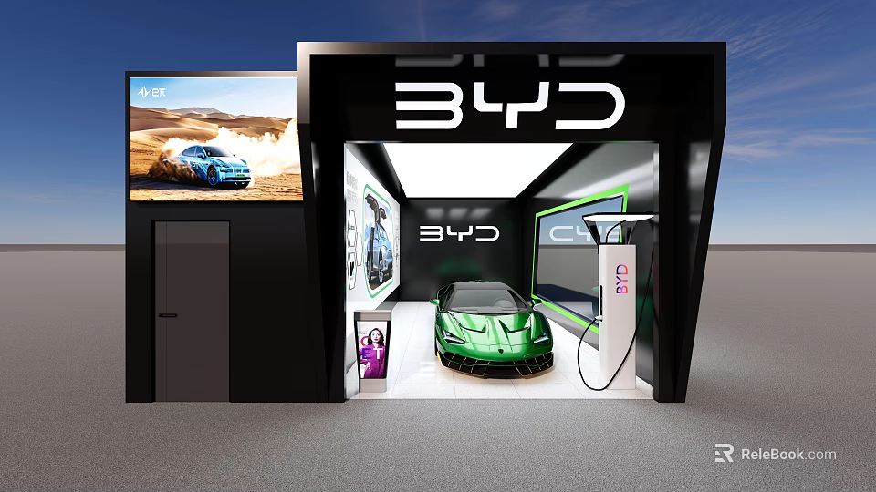 BYD Mall Store Featuring Green Sports Car And Charging Station 3d model 