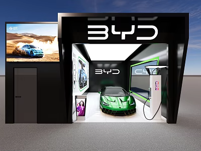BYD Mall Store Featuring Green Sports Car And Charging Station 3d model