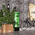 Scenic Wall with Brick Background Green Postbox Vintage Bicycle and Plants