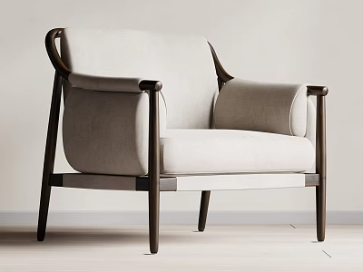 Stylish Light Beige Fabric Accent Chair With Dark Wooden Frame Minimalist Design And Comfortable Armrests 3d model