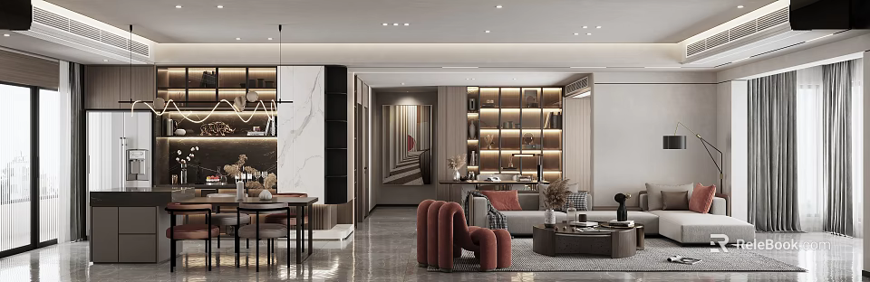 Modern Elegant Living And Dining Room Interior With Sofa Dining Table Display Cabinets And Lighting 3d model