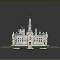 Detailed 3D Model Castle With Blue Towers White Walls Symmetrical Garden And Green Lawn