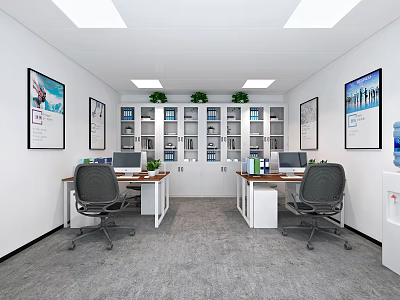 Modern Public Office Space Interior With Office Desks Chairs Bookshelves Green Plants And Wall Posters 3d model