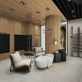 Luxury Bathroom Store with Modern Wooden Walls Bathtub Seating and Large Screen