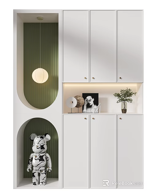 Modern White Entryway Side Cabinet With LED Light Potted Plant And Framed 3d model 