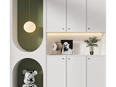 Modern White Entryway Side Cabinet With LED Light Potted Plant And Framed 3d model