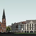 European Style Commercial Street With Plaza Greenery Fountains And Traditional Buildings