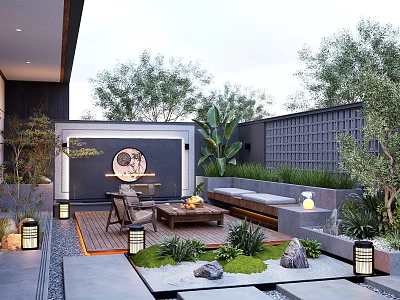 Tranquil Courtyard Garden With Outdoor Seating Coffee Table Green Plants Lanterns And Stone Features 3d model