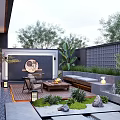 Tranquil Courtyard Garden With Outdoor Seating Coffee Table Green Plants Lanterns And Stone Features