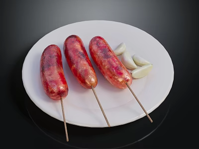 Grilled Sausages on Skewers Served on White Plate With Garlic Cloves 3d model