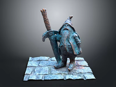 Dwarf Warrior Bronze Sculpture Holding Large Sword With Wrapped Handle On Stone Slab Base 3d model