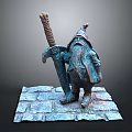 Dwarf Warrior Bronze Sculpture Holding Large Sword With Wrapped Handle On Stone Slab Base