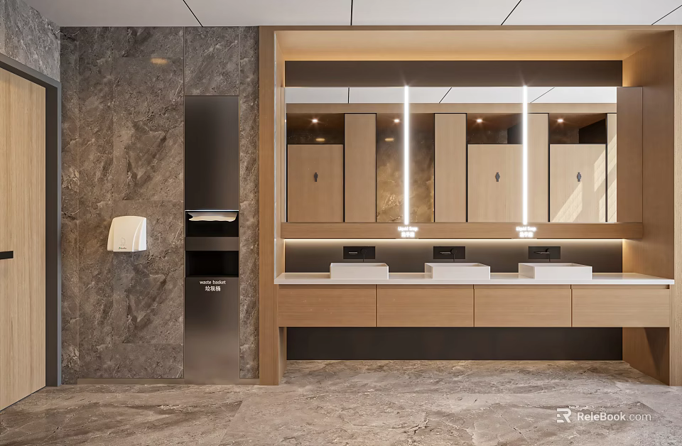 Public Restroom Modern Interior Design With Marble Wall Multiple Sinks Mirrors And Lighting 3d model 