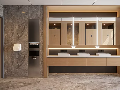Public Restroom Modern Interior Design With Marble Wall Multiple Sinks Mirrors And Lighting 3d model