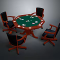 Round Wooden Game Table With Poker Cards Chips And Wheeled Black Chairs