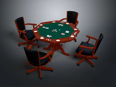 Round Wooden Game Table With Poker Cards Chips And Wheeled Black Chairs 3d model
