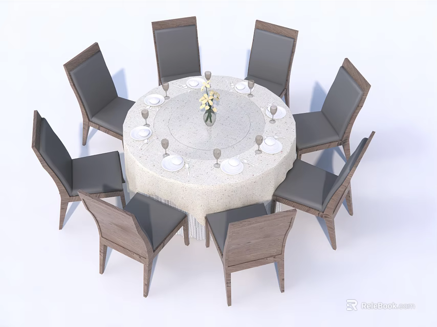Modern Round Dining Table Set With Eight Chairs Tableware And Flower Vase 3d model