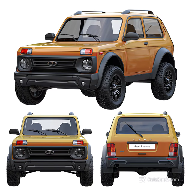 Orange LADA 4x4 BRONTO SUV With Large Tires Black Wheel Arches Front Side Rear Views 3d model 