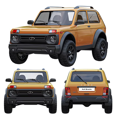 Orange LADA 4x4 BRONTO SUV With Large Tires Black Wheel Arches Front Side Rear Views 3d model