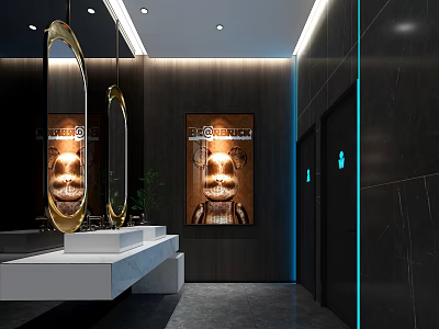 Modern Public Toilet Interior With Gold Circular Mirrors White Washbasins And Ambient Lighting Design 3d model
