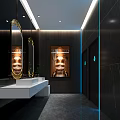 Modern Public Toilet Interior With Gold Circular Mirrors White Washbasins And Ambient Lighting Design