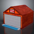 Small Wooden Garage With Red Roof White Roller Door And Blue Mat