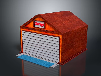 Small Wooden Garage With Red Roof White Roller Door And Blue Mat 3d model